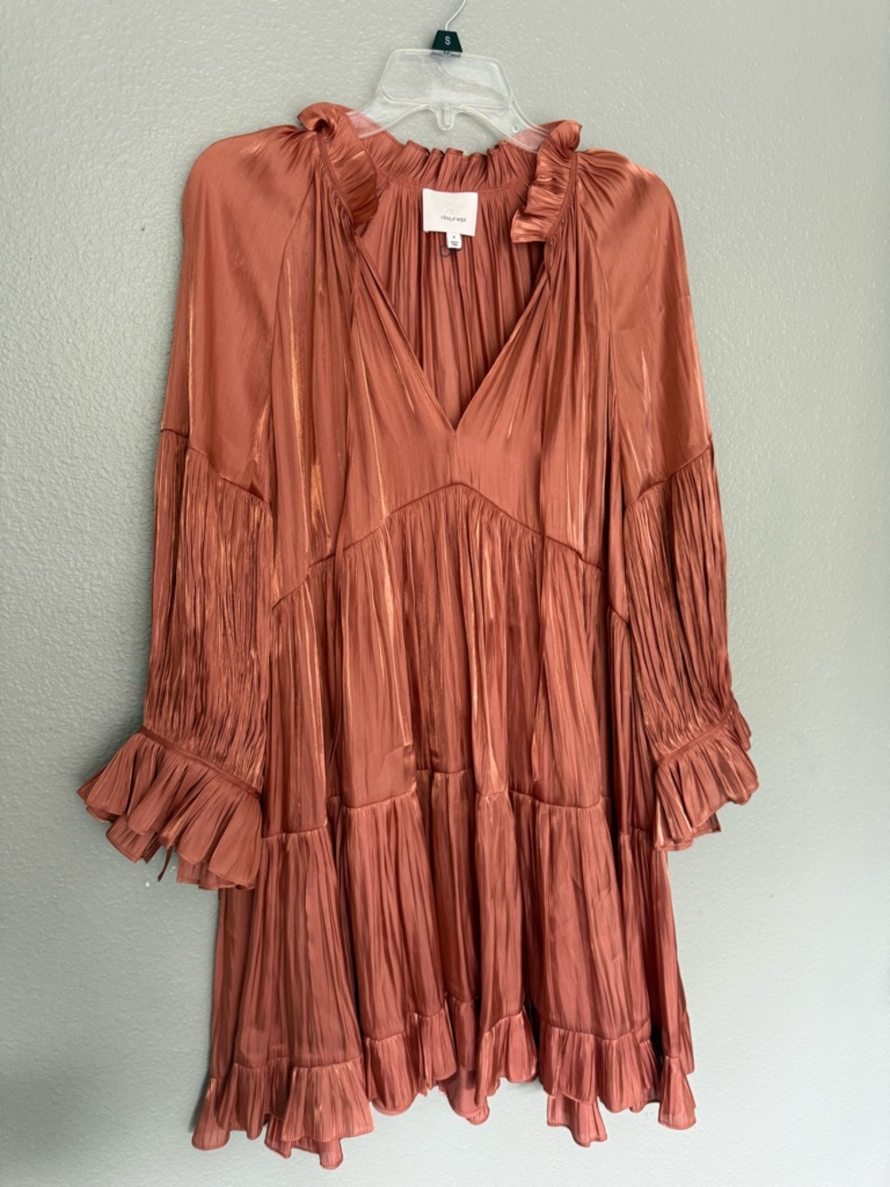 Cinq à Sept Rose Gold Pleated Ruffle Neck Dress - Picture 6 of 11
